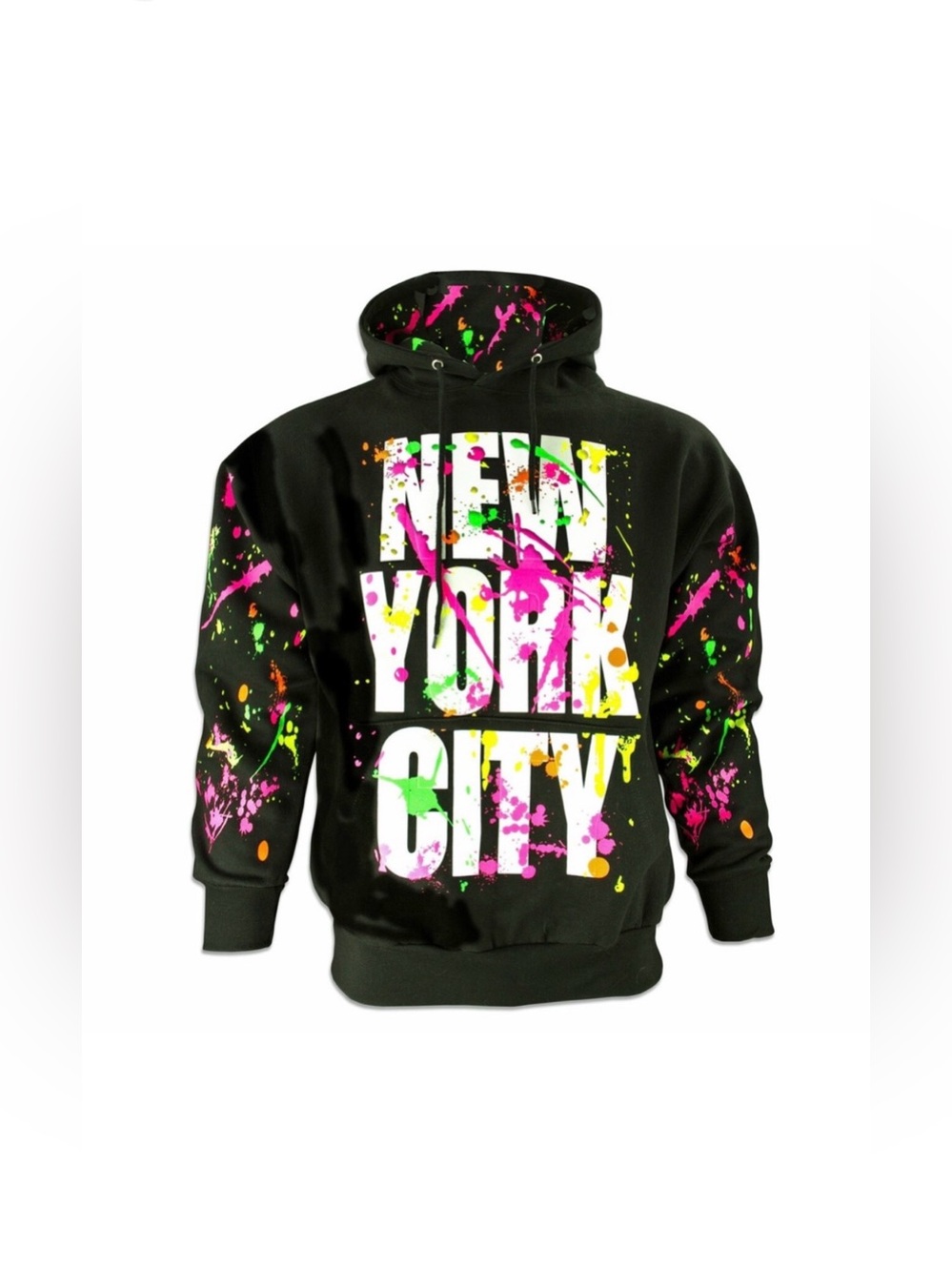 *BRAND NEW* White New York City Vibrant Colorful Neon Splater Paint Black Hoodie
